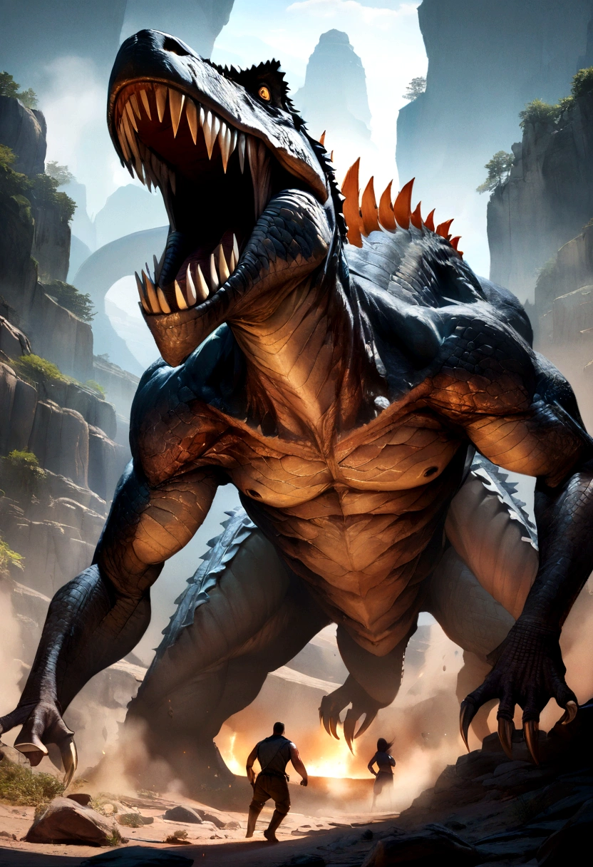 a intense battle between a T-Rex and (Highest quality, 4K, High resolution, ultra-detailed), intense戦い, Prehistoric Landscape, Realistic Shadows, Vibrant colors, (detailed, Complex, Elaborate) Dinosaur scales and texture, dynamic movements, (intense, Decided) Dinosaur facial expressions, (Powerful, Muscular) Corpse, sharp teeth and corners, (big, Hall々And) size, (dramatic, dynamic) Lighting, (Powerful, Lively) Pause, (tension, Expectations) In the sky