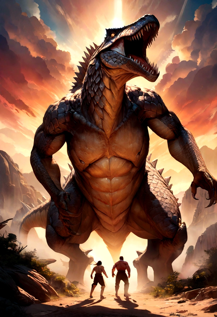 a intense battle between a T-Rex and (Highest quality, 4K, High resolution, ultra-detailed), intense戦い, Prehistoric Landscape, Realistic Shadows, Vibrant colors, (detailed, Complex, Elaborate) Dinosaur scales and texture, dynamic movements, (intense, Decided) Dinosaur facial expressions, (Powerful, Muscular) Corpse, sharp teeth and corners, (big, Hall々And) size, (dramatic, dynamic) Lighting, (Powerful, Lively) Pause, (tension, Expectations) In the sky