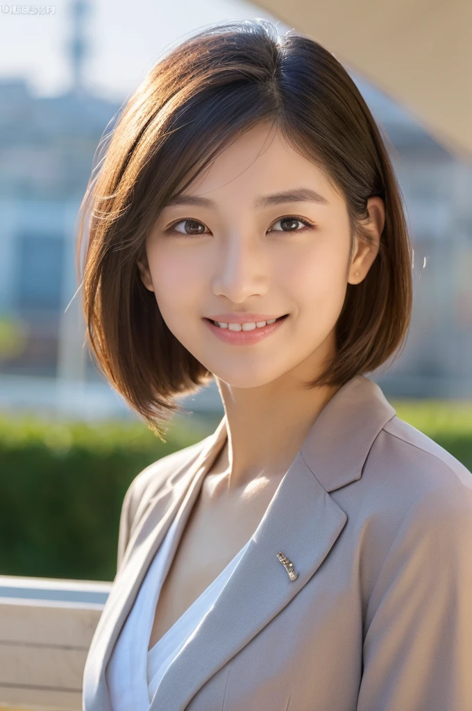 Front view of (((Masamisuno))),(in 8K, top-quality, masterpiece:1.3, 超A high resolution, A hyper-realistic), high detailing, ((Face like the real thing)), Photorealsitic, Raw foto, ((one beautiful women)), 27yo, Detailed face, beautidful eyes, realisticeyes, Eyes in Beautiful Details, (real looking skin), Beautiful skins, enticing, depth of fields, hight resolution, High pixel count, clear details, sharp photo, Natural color reproduction, Noise Reduction, High fidelity, quality, Software Updates, Optimized algorithms, Stylish café terrace, Everyday clothes, Neat and clean clothing, perfect bodies, face perfect, perfect chest, perfect teeth, Perfect tooth alignment, , Sexy lips, Ears are visible, Looking away, Natural perspective, (Don't look into the viewer's eyes), a smile, kindly smile, Beautiful skins, enticing, the golden ratio, (Detal Face:1.2), profetional lighting, Lighting the face, best light, japanes,japanaese girl, Photo of a cute Japanese woman, Small necklace, Thin Silver Necklace, simple background, wear suit, Casual pose, Short hair swaying in the wind