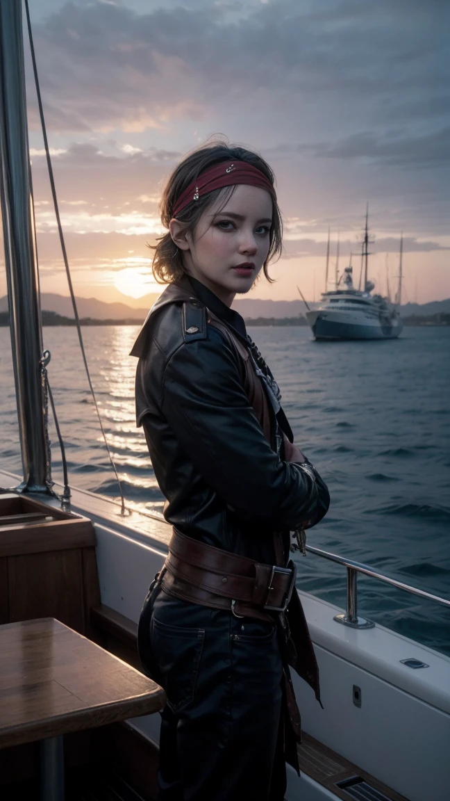 Dark painting, Young pirate standing on a sailboat, (20~Age 25), Beautiful Face, Wearing a bandana on his head, Ship in the Background, Cinematic, Movie stills, Detailed dark background, High detail, masterpiece, masterpieceальное качество, A strip of dawn on the horizon