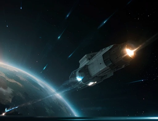 Close UP of intergalactic ship using thrusters to reach the speed of light in the universe 