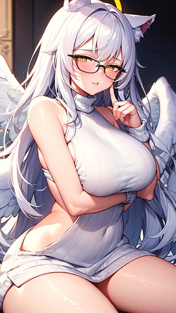 A 20-year-old female angel with long, white hair, yellow eyes, white cat ears, and large white angel wings. yellow halo ring round white glasses (White halter turtleneck sweater, purekiller sweater, sleeveless, sexy backless sweater) white arm warmers finger touching pussy lips