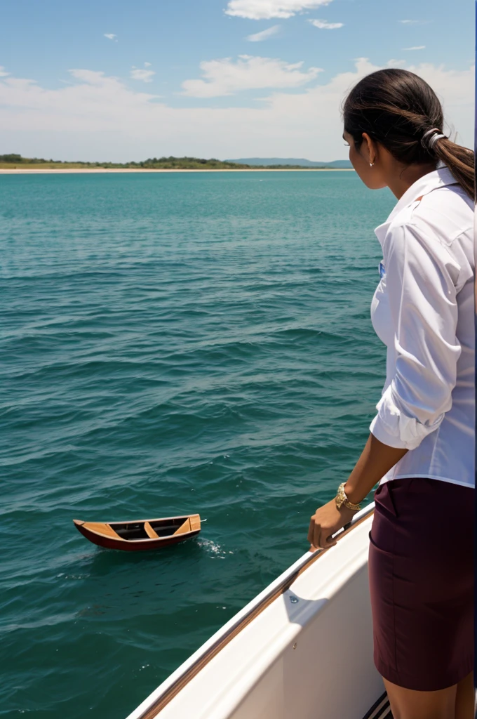 A woman on a boat holding the rudder