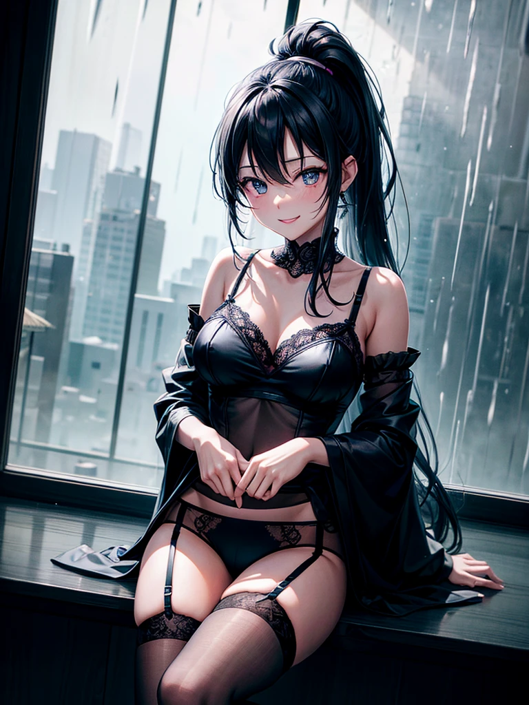 Highest quality,Highest Resolution,4K quality,寝室で大きな窓の外の都市の豪rainの夜景を眺める下着姿のsmileの女性の横顔,Jet black ponytail,Dark room,Sexy Lingerie,Many water drops on the window,garter belt,High leg,Majora colored underwear,Knee-high stockings,rain,豪rain,雷rain,smile,Landscape,Colorful eyes,