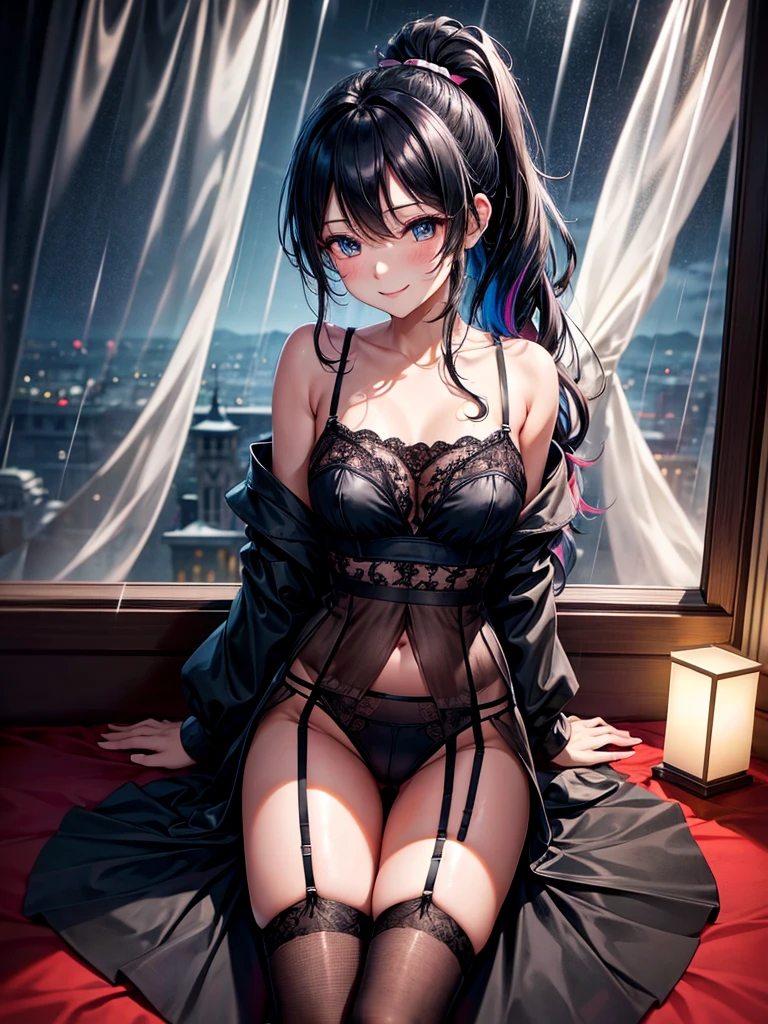 Highest quality,Highest Resolution,4K quality,寝室で大きな窓の外の都市の豪rainの夜景を眺める下着姿のsmileの女性の横顔,Jet black ponytail,Dark room,Sexy Lingerie,Many water drops on the window,garter belt,High leg,Majora colored underwear,Knee-high stockings,rain,豪rain,雷rain,smile,Landscape,Colorful eyes,