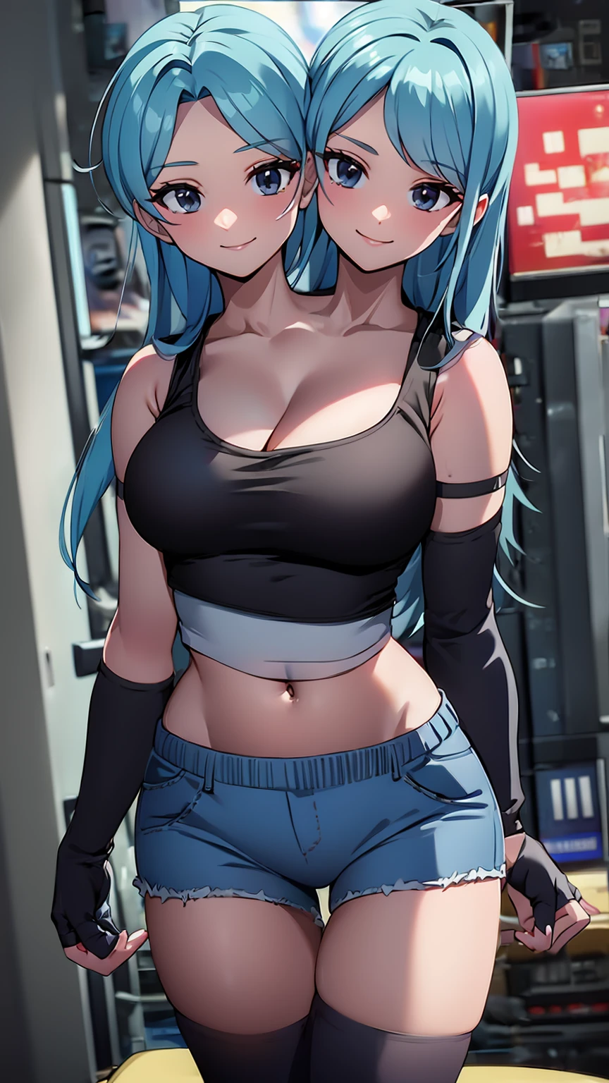 best quality, (masterpiece),(ultra-detailed), (high quality), (high resolution), ((2heads:1.5)), best quality:1.5, highres, UHD, 16K), smiling, highres, masterpiece, ((light blue hair)), gamer girl, long hair, hair band, black eyes, ((cinematic particles)), ((grey hot pants)), arcade room, (black gloves), cowboy shot, ((white crop top:1.5)), exposed midriff, fingerless gloves, cleavage