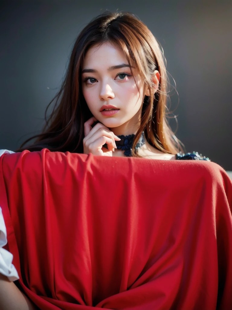 a beautiful young woman with long brown hair, thoughtful expression, detailed eyes and lips, wearing a red shirt, indoor lighting, waist up portrait, (best quality,4k,8k,highres,masterpiece:1.2),ultra-detailed,(realistic,photorealistic,photo-realistic:1.37),vibrant colors,warm lighting,cinematic composition,facing straight at the camera,studio lighting,hyper detailed