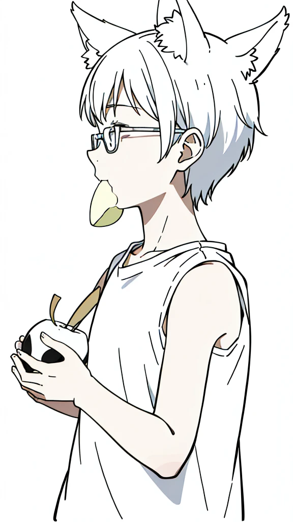 (1boy,,kid),solo,ha,white hair,short hair,fox ears,white shirt,sleeveless,upper body,(white background,line drawing),white glasses,profile,eating a apple,closed eyes