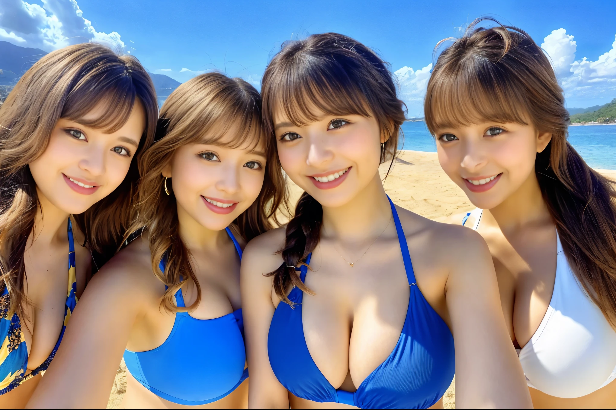 (From below:1.4)、(Three Girls:1.4)、Light brown fringe hair、Braided hair、Disheveled Hair、Light brown eyes、(Laughter)、(Big Tits:1.5)、(Highlight the valley:1.3)、Dressing room、Photorealistic、(Shadow:1.1)、(Intricate details:1.2)、(Tabletop、:1.3)、(Highest quality:1.4)、(Ultra-high resolution:1.2)、Ultra-high resolution、(Detailed eyes)、(Detailed facial features)、(Colorful Bikinis:1.2), (Selfie:1.3)、Girls standing side by side、On a tropical beach、blue sky、beautiful sea