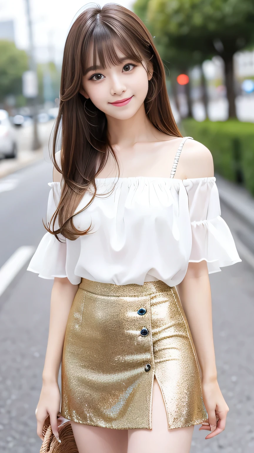 Skin white、smile、Bangs on the face、Bangs between the eyes、A strong wind blows my hair in front of my face、Beautiful big sparkling eyes, Cute, beautiful eyes and long eyelashes hidden behind long bangs、No visible nasolabial folds、Short micro mini skirt、Multicolored patterned blouse、 Korean beauty、Bright blonde short hair、