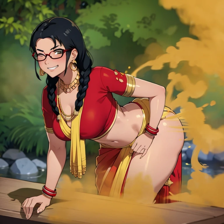 solo, 1female, indian age girl, black hair, hair tied in braids, tomboy hair bang, wearing glasses, blushing intensely, sexy body, dark skin, clenching teeth, smiley face, one eye closed, soft lips, red saree, wearing red saree, wearing golden necklace and earrings, wearing golden bracelets, bend over, letting out fart, massive fart, yellow smoke rising, hand on tummy, sexy body, bending forward, leaning, hand on stomach, alone by the river
