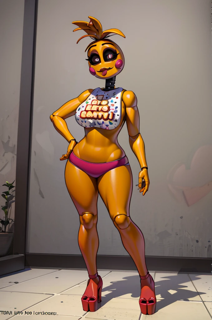 (Masterpiece artwork, best qualityer: 1.2), ToyChica, 1girl, solo, blush stickers, pantyrose, underpant, pantyrose rosa, breastsout, crop top, Heart, colored fur, chemise, yellow skin, symbol-shaped pupils, heart-shaped shaped pupils, black eyes, breastsout grandes, Joints, collared, standingn, written clothes, colored sclera, antenna hair, chemise branca, lateral, cut trunk, comfort, Inside the house, sexly, tongue out, teasing, platform high heels, full-body view
