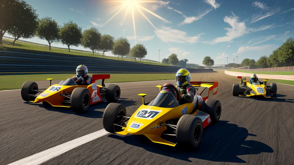 Professional kart racing, cinematic lighting, ray tracing, lens flare, multiple views, from above, wide shot, close-up, UHD, retina, accurate, textured skin, super detail, high details, high quality, highres, 4K