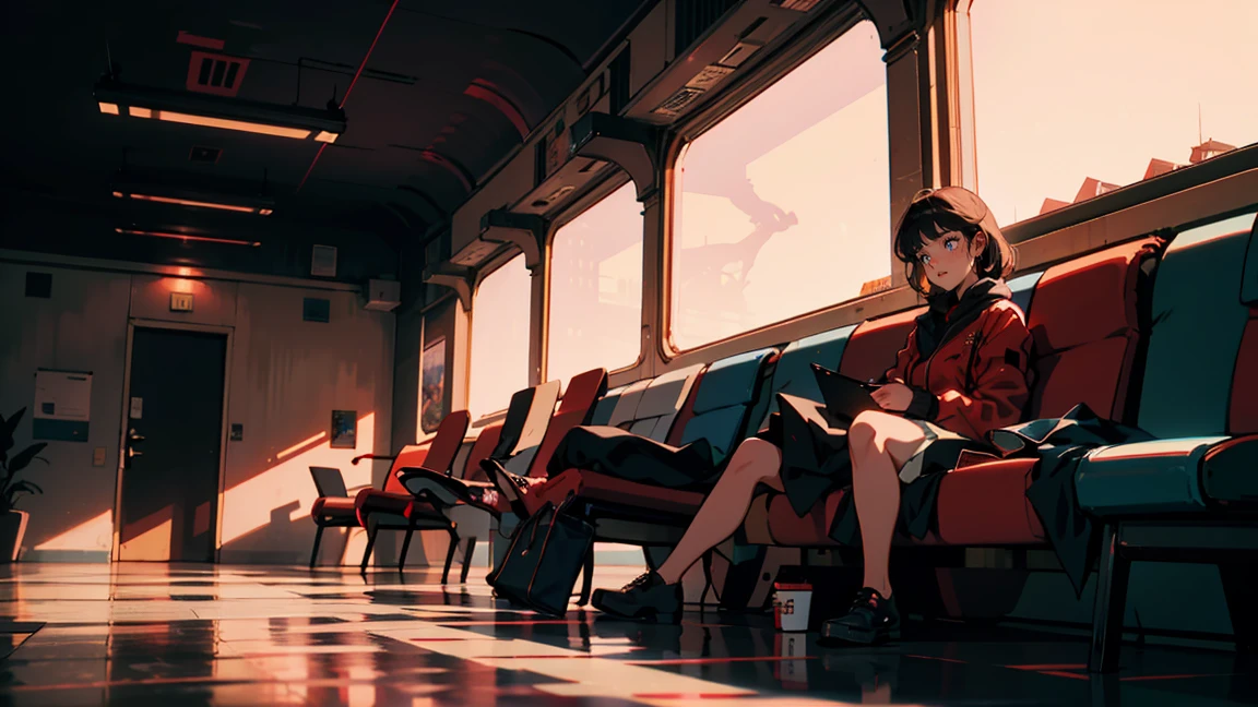 Modern airport, The plane is flying, Sit and wait, It has a nice atmosphere, Adult women, Trunk Case ,Perfect Face, A melancholic look, (Backlight: 1.1), A scene from a movie, Soft Shadows, masterpiece, Highest quality, Complex, Model shooting style, Film Grain, Wide Shot、Red lipstick