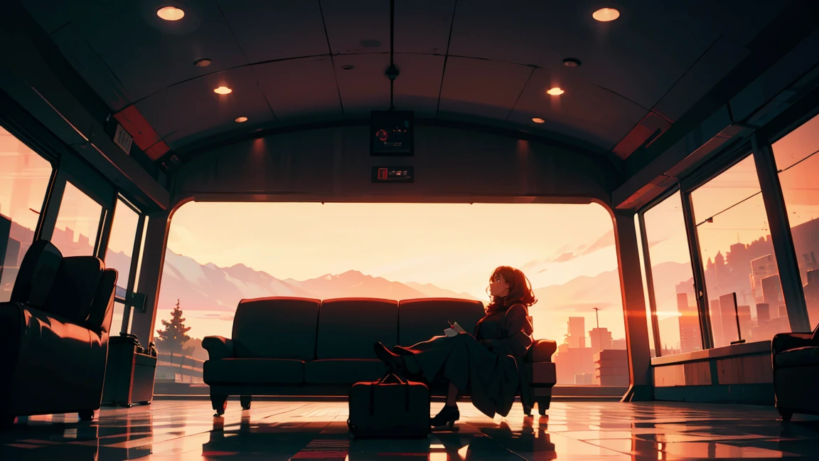 Modern airport, The plane is flying, Sit and wait, It has a nice atmosphere, Adult women, Trunk Case ,Perfect Face, A melancholic look, (Backlight: 1.1), A scene from a movie, Soft Shadows, masterpiece, Highest quality, Complex, Model shooting style, Film Grain, Wide Shot、Red lipstick
