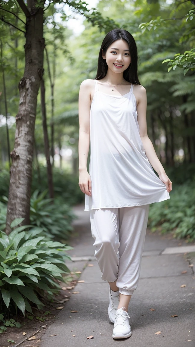masterpiece, best quality, Surreal, Ultra Detailed, 8k resolution, RAW photos, Clear focus, (A girl in the forest), ((((Shift Dress:1.1), )))), Long sweatpants,Full body posture, Solitary, Perfect body, Become a, 32 inches in the chest,(a charming smile:1), (sexy pose),26 years old, light,White shoes