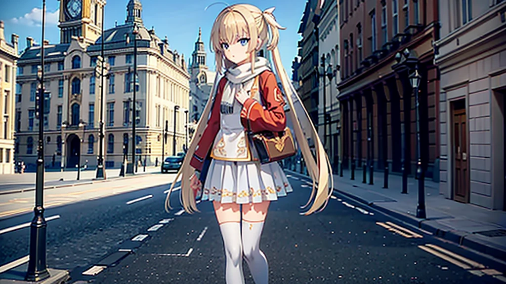 ((masterpiece)),(best quality),Official Art,Extremely detailed CG,Unity 8K wallpaper,Very detailed,Beautiful and delicate eyes,Extremely detailed face,1 girl,solitary,,(whole body:1.5),(small:1.3),，autumn，，Wear a long red silk scarf，Red Jacket，Walking in the street，Getchu Beautiful Girl Game Awards 2023 Magazine Cover，Sunny and cloudless，London Big Ben