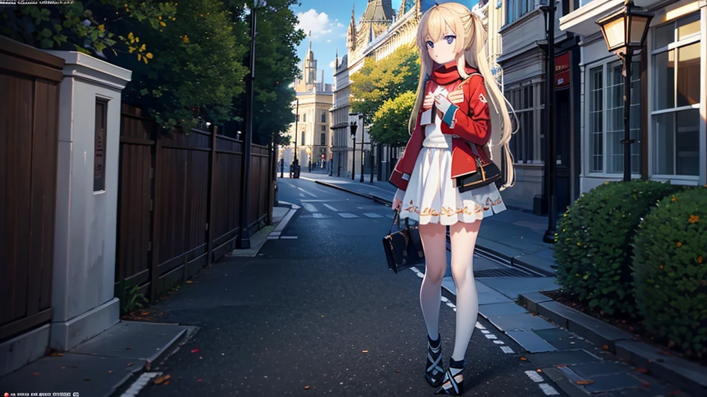 ((masterpiece)),(best quality),Official Art,Extremely detailed CG,Unity 8K wallpaper,Very detailed,Beautiful and delicate eyes,Extremely detailed face,1 girl,solitary,,(whole body:1.5),(small:1.3),,autumn,,Wear a long red silk scarf,Red Jacket,Walking in the street,Getchu Beautiful Girl Game Awards 2023 Magazine Cover,Sunny and cloudless,London Big Ben
