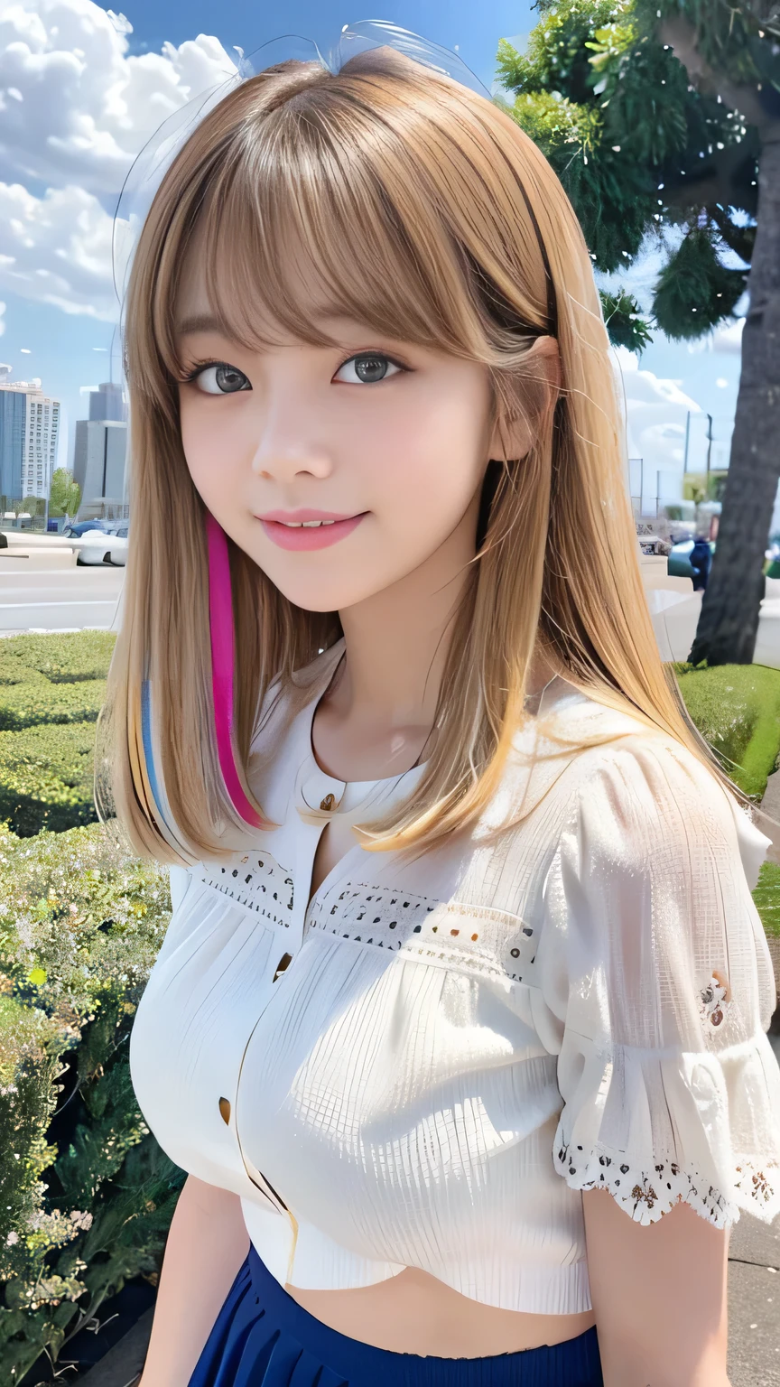 Skin white、smile、Bangs on the face、Bangs between the eyes、A strong wind blows my hair in front of my face、Beautiful big sparkling eyes, Cute, beautiful eyes and long eyelashes hidden behind long bangs、No visible nasolabial folds、Short micro mini skirt、Multicolored patterned blouse、 Korean beauty、Bright blonde short hair、