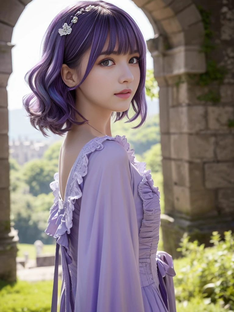 (Highest quality, Very detailed, masterpiece:1.2), 1 female, Very thin body, length, Thin legs, ((Purple-hair-color wavy short hair:1.2)), ((Thick and fluffy bangs)), full body,Very detailedな顔,A faint smile, small, Thin Nose, small thin mouth, Japanese, Beautiful Face, Realistic eyes, Beautiful and beautiful eyes, Realistic Skin, Beautiful Skin, charm, (Lively Faces), Beautiful Hairstyles,((Victorian Dress)), Gothic design, Creepy and unique hairstyles, High resolution, Vibrant color palette,(dynamic-pose,from side,arched back),Old castle in the background, weird lighting, and a small, old castle in the background,