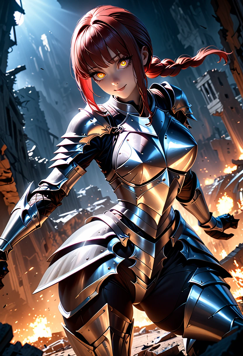 (masterpiece, top quality, best quality, beautiful and aesthetic:1.2), full body, SFW, extremely detailed, detailed face and eyes, detailed hands, cinematic light, depth of field, 1girl, seducing smile, solo, official, (full armored knight:1.4), dark armor, makima, dark red hair, medium hair, ponytail hair, voluptous body, cinematic lighting, dramatic lighting, dramatic atmosphere, hyper-realistic, high resolution, stunning contrast, high quality, best quality, 8k, 4k, intricately detailed, (amazing details:1.2), highly detailed skin, powerful presence, vibrant colors, (detailed eyes:1.2), striking eyes, (detailed background), (warzone on background, night, ruins), (dynamic angle:1.2), (dynamic pose:1.2)