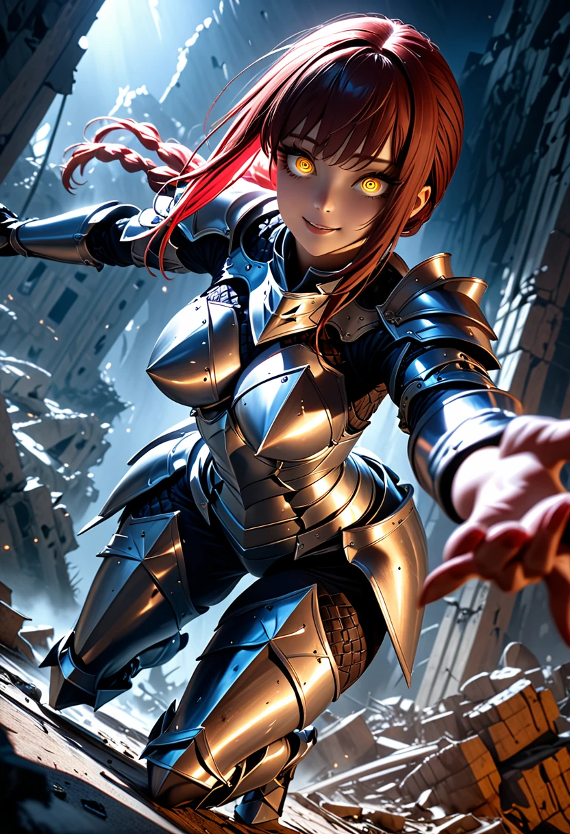 (masterpiece, top quality, best quality, beautiful and aesthetic:1.2), full body, SFW, extremely detailed, detailed face and eyes, detailed hands, cinematic light, depth of field, 1girl, seducing smile, solo, official, (full armored knight:1.4), dark armor, makima, dark red hair, medium hair, ponytail hair, voluptous body, cinematic lighting, dramatic lighting, dramatic atmosphere, hyper-realistic, high resolution, stunning contrast, high quality, best quality, 8k, 4k, intricately detailed, (amazing details:1.2), highly detailed skin, powerful presence, vibrant colors, (detailed eyes:1.2), striking eyes, (detailed background), (warzone on background, night, ruins), (dynamic angle:1.2), (dynamic pose:1.2)