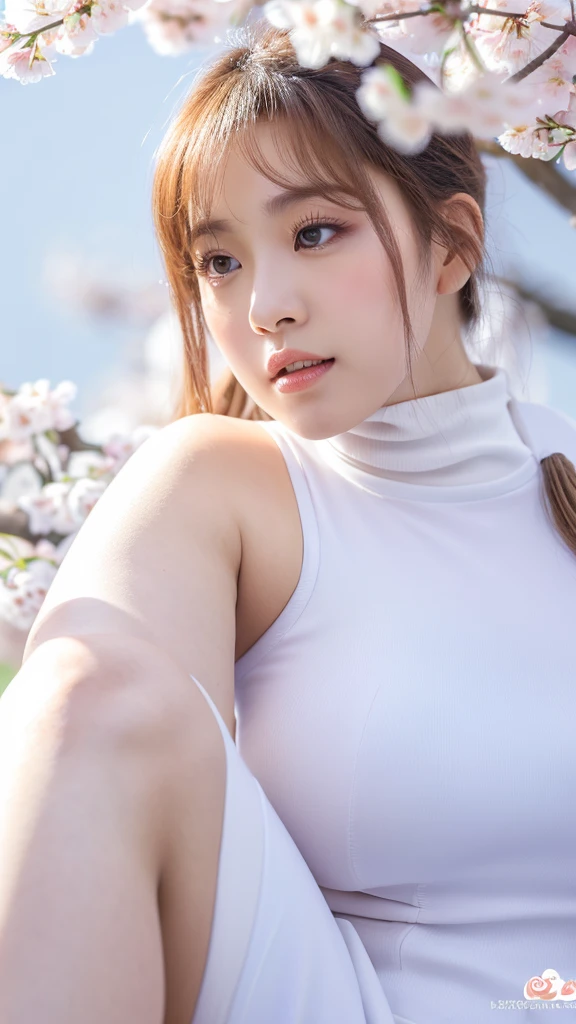 ((a white cherry blossom)),(detailed face),((crotch)),normal breasts,pretty,sleeveless and turtle neck white silky clothes,4k ,super high resolution ,(photo-realistic: 1.7),((white background)),black long hair,