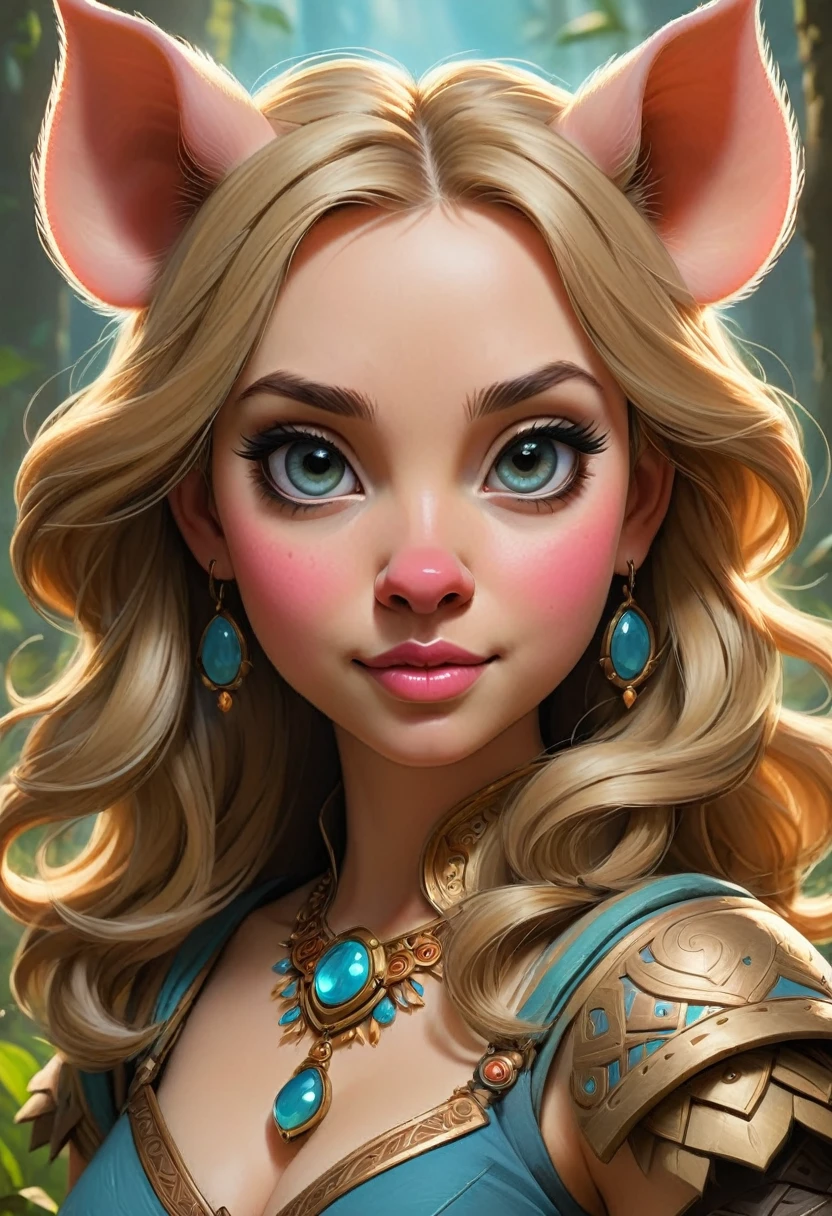 Create an illustrated, hand-drawn, full-color image of an humanoid, hybrid, anthropomorphic, sexy pig woman. The artwork should be rendered in the style of "Breath of the Wild," featuring warm lighting and shadows. Include graphite shading, stencil marks, and airbrushed acrylic paint effects. The image should be of the highest quality, a masterpiece with intricate details.
The pig woman should have a female, humanoid, appearance. She should have luscious lips, a wide smile, and bright, expressive eyes, exuding beauty, cuteness, and adorableness. Ensure the image is high resolution and sharply detailed, with a detailed and vibrant background. Scarlett Johanson, Alison Brie, Dove Cameron
Incorporate mystical lighting in the background, creating a romantic and enchanting atmosphere.