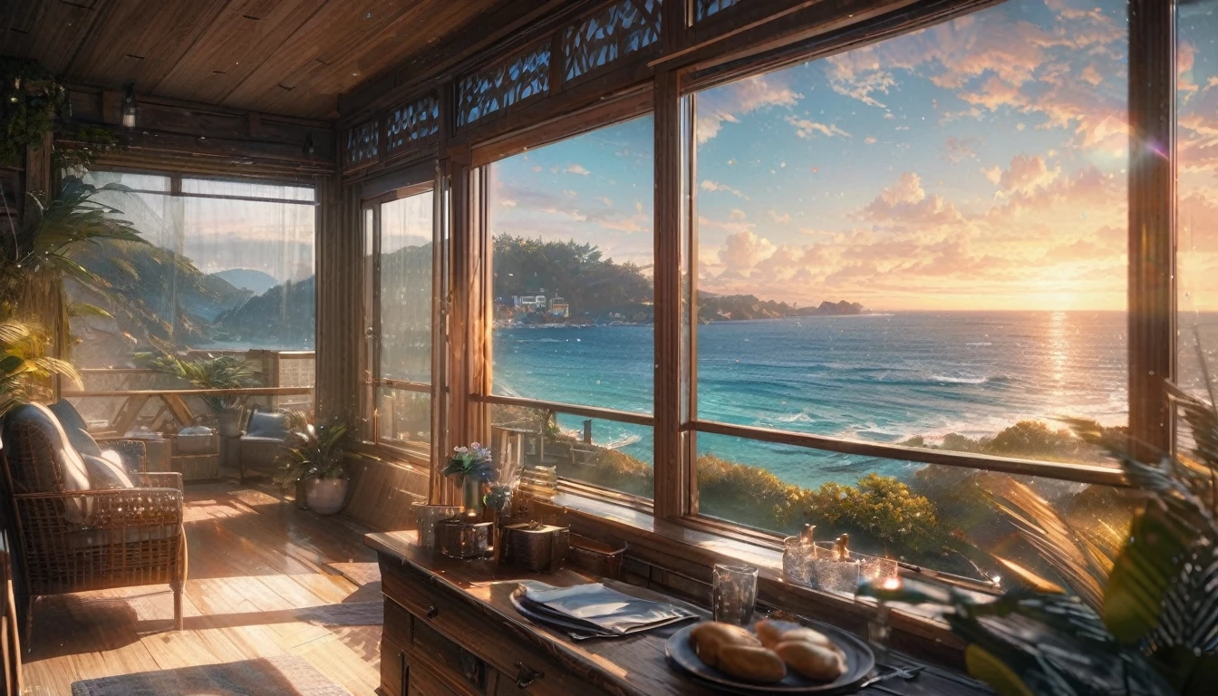 Holiday Homes, Large windows and beautiful views,Inside the room,Blur the background,Pleasant sea breeze,Glitter effect,Highest quality, 8K, High resolution, masterpiece:1.2, Very detailed, Realistic:1.37, High resolution, 超High resolution, Ultra-fine painting, Very detailed, Professional, Vibrant colors