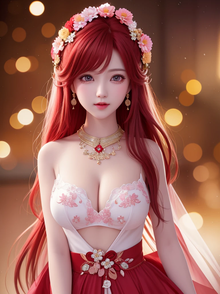 best quality, masterpiece, High target, There is a girl with a basket of flowers on her head, Big breast beauty，Very sexy，Beautiful red dress, Hair Decorationss, necklace, Decorations, Pretty Face, When the body, Tyndall effect, Realistic Portraits, Edge lighting, Two-color light, (Very delicate skin:1.2), 8K uhd, Digital SLR Camera, Soft Light, high quality, Volumetric Lighting, Honest, photo, high resolution, 4K, 8K, Bokeh,Big red hair，Pink Eyes.