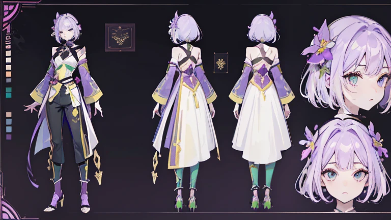 (Masterpiece, best quality), detailed, 1 woman, ((character concept art)), ((character design sheet, same character, front, side, back)), full body, body complete, 1 female, 1 women. Detailed face, character design sheet full body, Highly detailed, character sheet, character design, Many parts, pale skin, green eyes, short purple hair, lavender flower reference, lavender flower character reference, lavender flower inspired, male clothes, flat chest, Solarpunk, Solarpunk reference, Solarpunk based outfit, pants, male clothes.