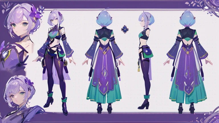 (Masterpiece, best quality), detailed, 1 woman, ((character concept art)), ((character design sheet, same character, front, side, back)), full body, body complete, 1 female, 1 women. Detailed face, character design sheet full body, Highly detailed, character sheet, character design, Many parts, pale skin, green eyes, short purple hair, lavender flower reference, lavender flower character reference, lavender flower inspired, male clothes, flat chest, Solarpunk, Solarpunk reference, Solarpunk based outfit, pants, male clothes.
