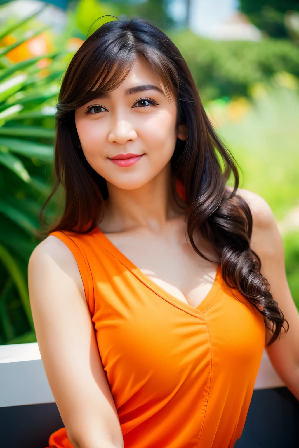 sitting on bench, spread her legs, (orange t-shirt), sleeveless t-shirt, cleavage, white short skirt, looking at camera, front view, long hair, bangs, (detailed face), at backyard, tempting pose, potrait body, mouth closed, smiling, black eyes, 1 girl, 20yo,Young female,Beautiful Finger,Beautiful long legs,Beautiful body, Beautiful Nose,Beautiful character design, perfect pants, perfect face,expressive eyes,perfect balance, (looking at viewer), White skin, (masterpiece:1.0),(best_quality:1.0), ultra high res,4K,ultra-detailed, photography, 8K, HDR, highres, absurdres:1.2, Kodak portra 400, film grain, (vibrant_color:1.2),professional photograph, (Beautiful,huge_Breasts:1.4), (beautiful_face:1.5),(narrow_waist)