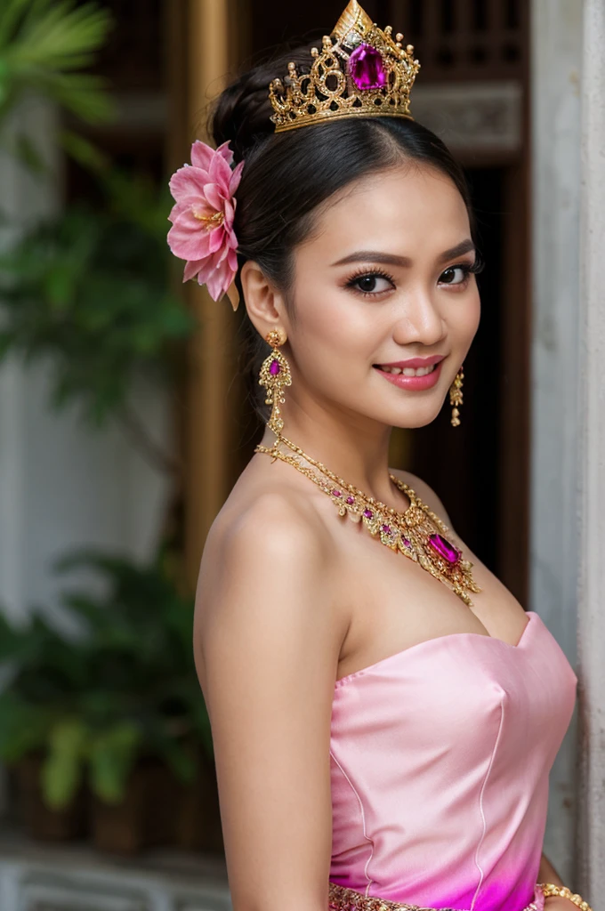 (masterpiece), best quality, ultra high res, , (princess:1.3), standing, (NSFW), lace underwear, beautiful face,( thailand tradition house:1.3),,(cute girl:1.3), ( thai ombre magenta pink detailed traditional dress:1.3),(traditional body strap:1.2) big ,detailed background , gloves, hair bun, , big hair_ornament, ear ornaments, ear peice, ear jewelries, big crown, big jewelry, hair_stick, jewelry, necklace, bracelets, arms jewelry, (seductive:1.3), ( looking at viewer:1.5) , ocean,flowers, beautiful day, close eyes, enjoying the breeze ,beautiful smile,