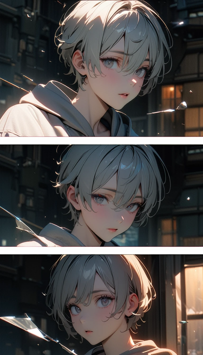 (8K, RAW photos, best quality, masterpiece: 1.4), (((The boy was broken all around))),Ultra-high resolution, Extremely detailed, light, Panorama close-up, handsome boy, black eyes, (delicate eyes, Eyes are bright:1.2), Gray short hair, Fair skin,dark, Grey sweatshirt, sweatshirt with hood,(perfect anatomy:1.2), High-quality shadows, Natural Lighting, (White highlights:1.2), night, cloudy day, (at home:1.2), (Broken glass flying in the air:1.2)