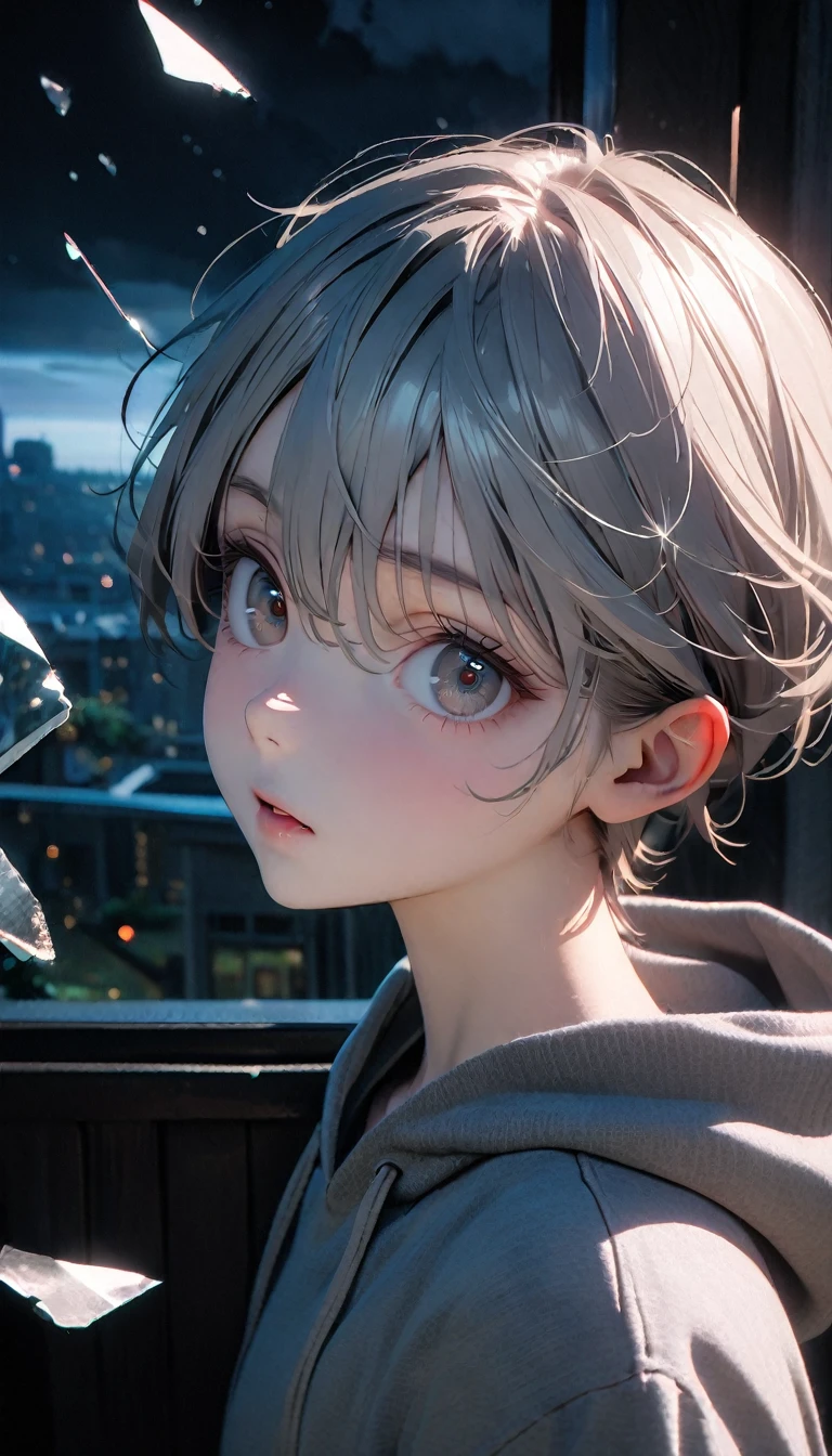 (8K, RAW photos, best quality, masterpiece: 1.4), (((The boy was broken all around)))，Ultra-high resolution, Extremely detailed, light, Panorama close-up, handsome boy, black eyes, (delicate eyes, Eyes are bright:1.2), Gray short hair, Fair skin,dark, Grey sweatshirt, sweatshirt with hood,(perfect anatomy:1.2), High-quality shadows, Natural Lighting, (White highlights:1.2), night, cloudy day, (at home:1.2), (Broken glass flying in the air:1.2)