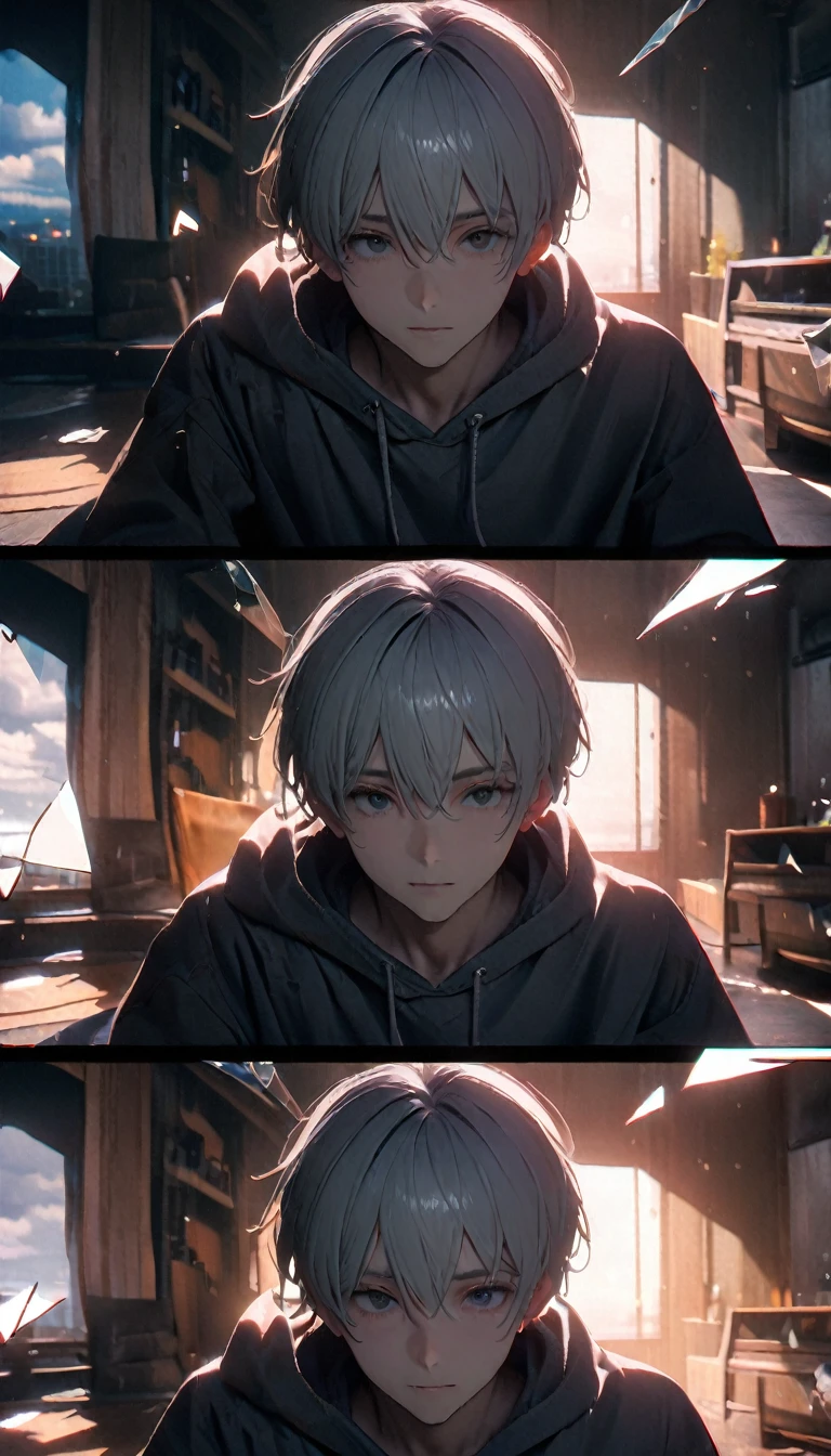 (8K, RAW photos, best quality, masterpiece: 1.4), (((The boy was broken all around)))，Ultra-high resolution, Extremely detailed, light, Panorama close-up, handsome boy, black eyes, (delicate eyes, Eyes are bright:1.2), Gray short hair, Fair skin,dark, Grey sweatshirt, sweatshirt with hood,(perfect anatomy:1.2), High-quality shadows, Natural Lighting, (White highlights:1.2), night, cloudy day, (at home:1.2), (Broken glass flying in the air:1.2)