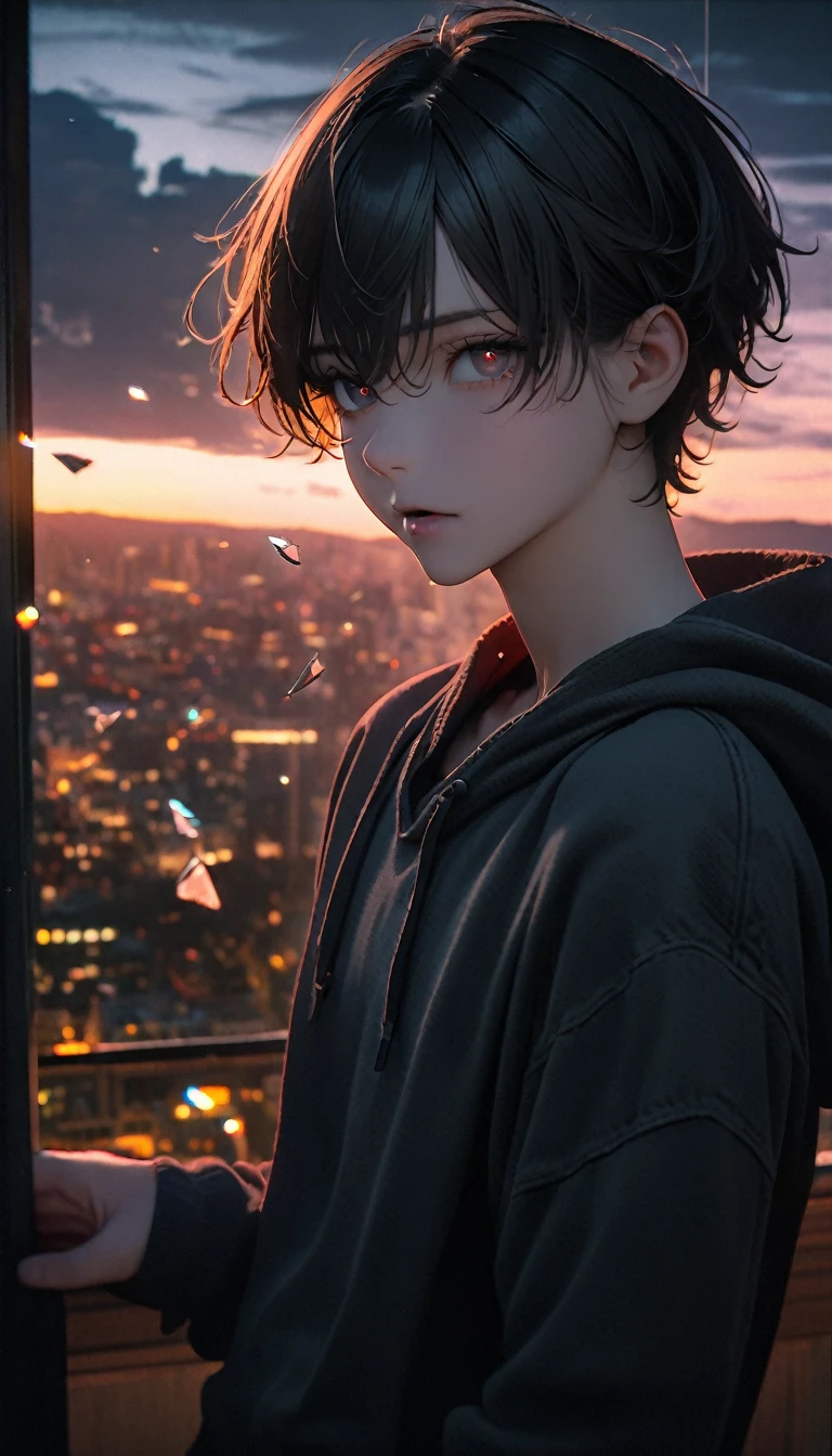 (8K, RAW photos, best quality, masterpiece: 1.4), (((The boy was broken all around))),Ultra-high resolution, Extremely detailed, light, Panorama close-up, handsome boy, black eyes, (delicate eyes, Eyes are bright:1.2), Gray short hair, Fair skin,dark, Grey sweatshirt, sweatshirt with hood,(perfect anatomy:1.2), High-quality shadows, Natural Lighting, (White highlights:1.2), night, cloudy day, (at home:1.2), (Broken glass flying in the air:1.2)