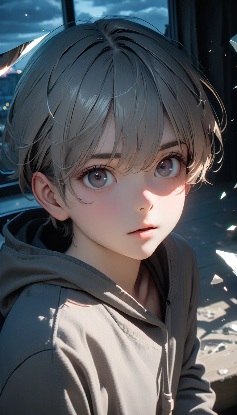 (8K, RAW photos, best quality, masterpiece: 1.4), (((The boy was broken all around)))，Ultra-high resolution, Extremely detailed, light, Panorama close-up, handsome boy, black eyes, (delicate eyes, Eyes are bright:1.2), Gray short hair, Fair skin,dark, Grey sweatshirt, sweatshirt with hood,(perfect anatomy:1.2), High-quality shadows, Natural Lighting, (White highlights:1.2), night, cloudy day, (at home:1.2), (Broken glass flying in the air:1.2)