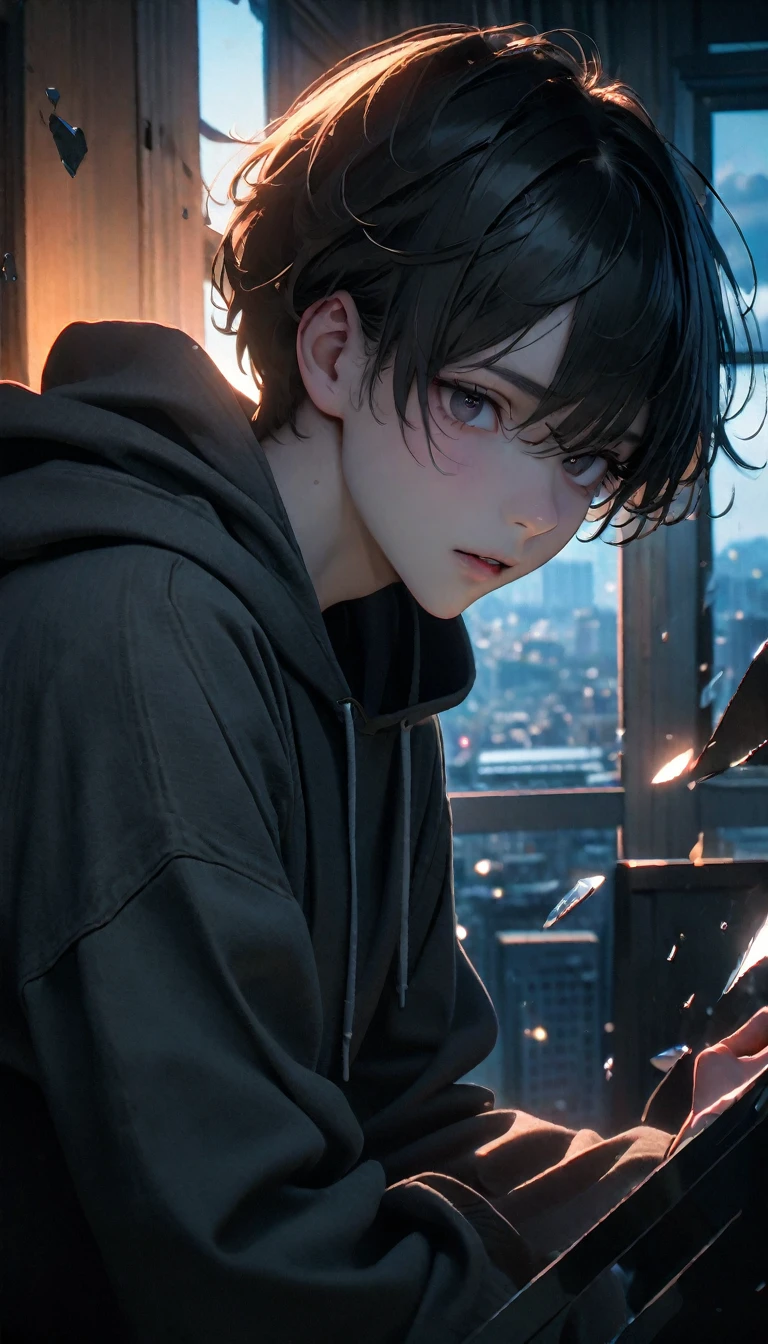 (8K, RAW photos, best quality, masterpiece: 1.4), (((The boy was broken all around))),Ultra-high resolution, Extremely detailed, light, Panorama close-up, handsome boy, black eyes, (delicate eyes, Eyes are bright:1.2), Gray short hair, Fair skin,dark, Grey sweatshirt, sweatshirt with hood,(perfect anatomy:1.2), High-quality shadows, Natural Lighting, (White highlights:1.2), night, cloudy day, (at home:1.2), (Broken glass flying in the air:1.2)
