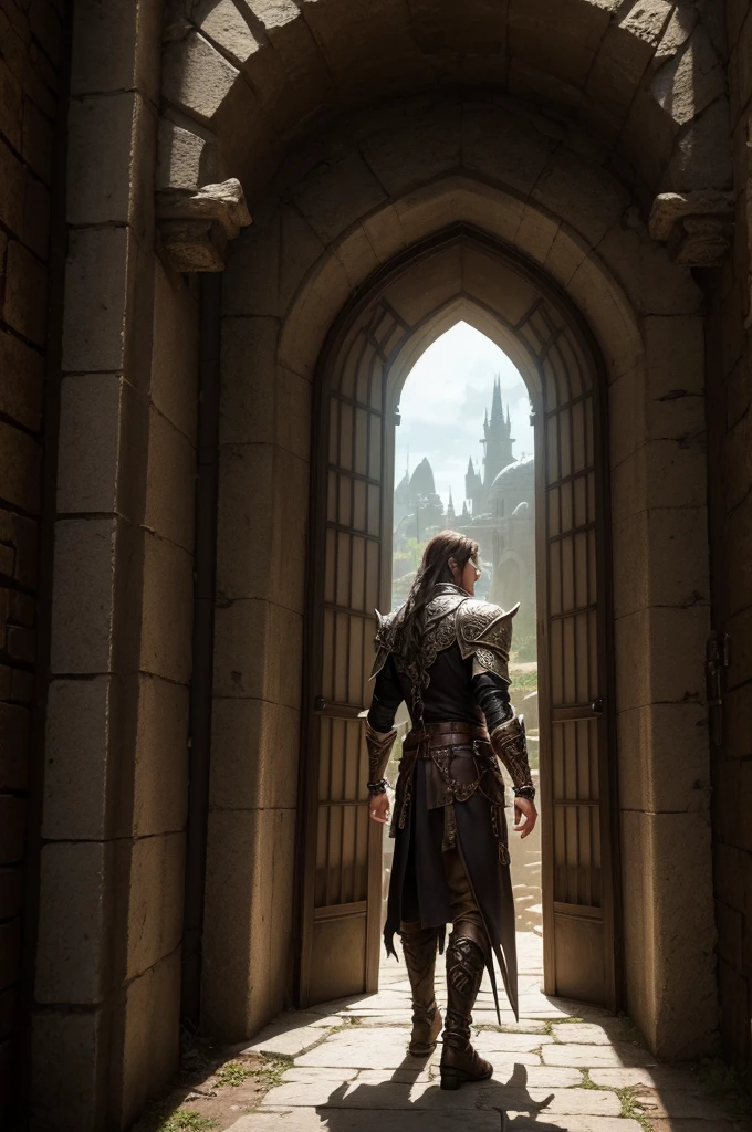 3 fantasy-style male characters facing away from the entrance to a dungeon-style
