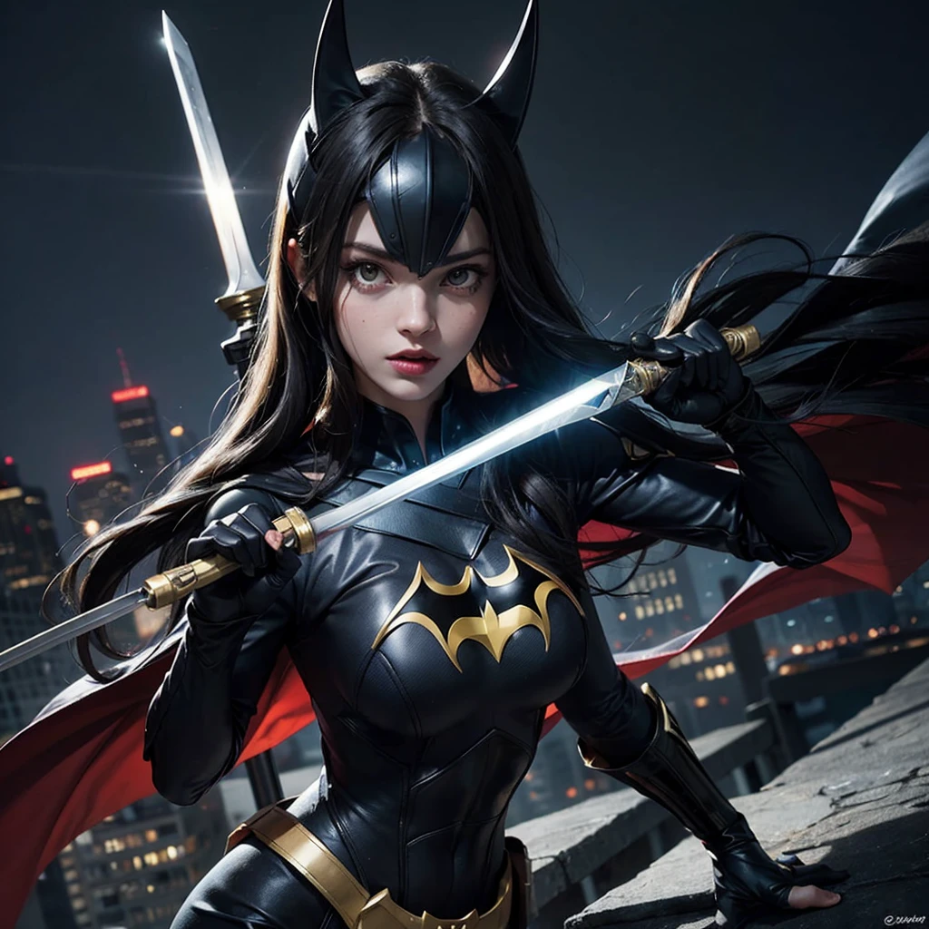 Batgirl with a light sword in her hands