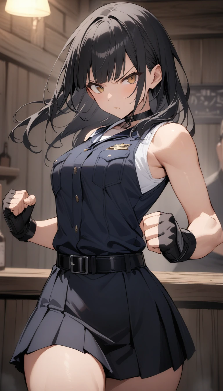 ((Highest quality)), ((masterpiece)), (detailed),cowboy shot , ((Rin々Policewoman))　small breasts 　Mature Woman, ((A black sleeveless uniform with a black blouse and breast pocket)),　White T-shirt as innerwear　Black choker,((clavicle))、Short black hair　Blunt bangs　black pleated mini skirt　black fingerless gloves　V-shaped eyebrows　Combat Stance　Black Belt　Clenched fist　Old tavern