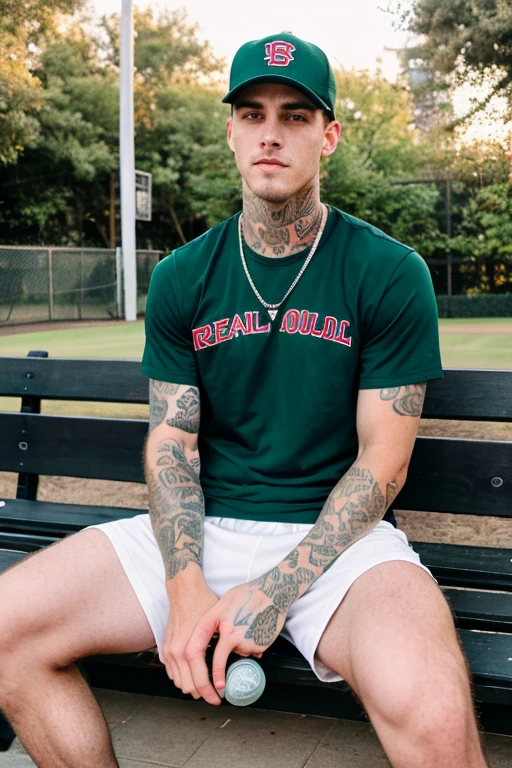 A young handsome male attractive tough handsome man 24 years old red basketball shirt man with tattoo on neck detailed face sitting on a bench baseball cap green eyes tennis basketball with bottle of beer in hand