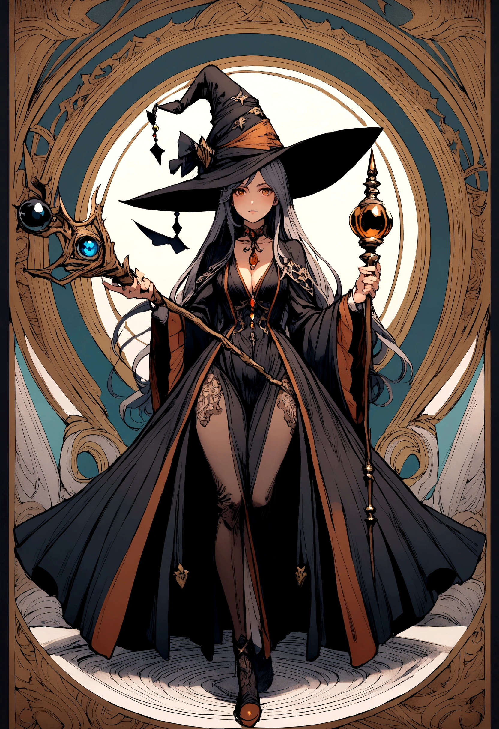 fantasy witch holding a staff with a wizard hat, full body