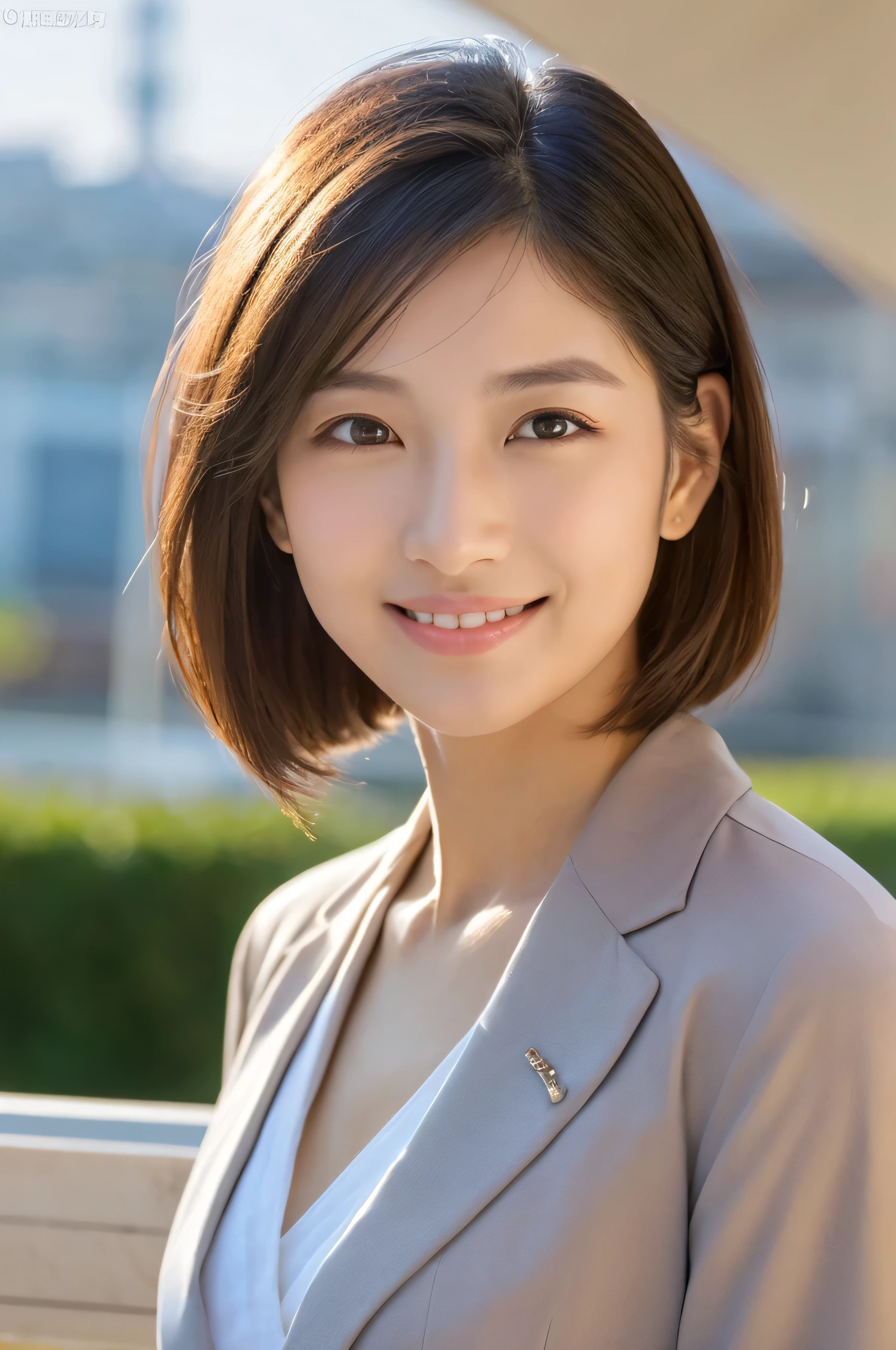 Front view of (((Masamisuno))),(in 8K, top-quality, masterpiece:1.3, 超A high resolution, A hyper-realistic), high detailing, ((Face like the real thing)), Photorealsitic, Raw foto, ((one beautiful women)), 27yo, Detailed face, beautidful eyes, realisticeyes, Eyes in Beautiful Details, (real looking skin), Beautiful skins, enticing, depth of fields, hight resolution, High pixel count, clear details, sharp photo, Natural color reproduction, Noise Reduction, High fidelity, quality, Software Updates, Optimized algorithms, Stylish café terrace, Everyday clothes, Neat and clean clothing, perfect bodies, face perfect, perfect chest, perfect teeth, Perfect tooth alignment, , Sexy lips, Ears are visible, Looking away, Natural perspective, (Don't look into the viewer's eyes), a smile, kindly smile, Beautiful skins, enticing, the golden ratio, (Detal Face:1.2), profetional lighting, Lighting the face, best light, japanes,japanaese girl, Photo of a cute Japanese woman, Small necklace, Thin Silver Necklace, simple background, wear suit, Casual pose, Short hair swaying in the wind