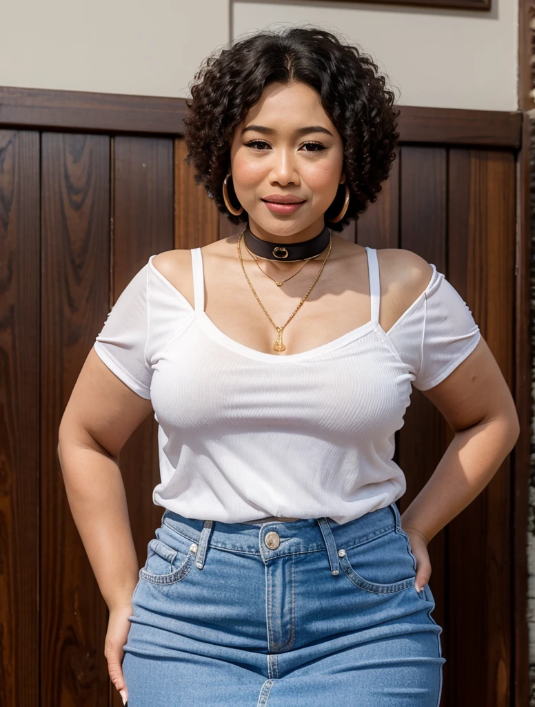  (Afro Hair), (Malaysia female), age 55, 8K, phototrealism, photorealism, portrait, 85mm lens, depth of field, delicate skin luster, blindfolded, plump lips, chubby, (Haruka Ayase), white camisole, prison, chained from earlobe to nose, wearing a collar for large dogs, ( wearing a septum), professional lighting, mini skirt