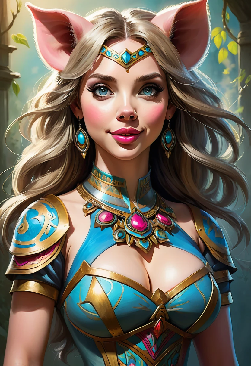 Create an illustrated, hand-drawn, full-color image of an humanoid, hybrid, anthropomorphic, sexy pig woman. The artwork should be rendered in the style of "Breath of the Wild," featuring warm lighting and shadows. Include graphite shading, stencil marks, and airbrushed acrylic paint effects. The image should be of the highest quality, a masterpiece with intricate details.
The pig woman should have a female, humanoid, appearance. She should have luscious lips, a wide smile, and bright, expressive eyes, exuding beauty, cuteness, and adorableness. Ensure the image is high resolution and sharply detailed, with a detailed and vibrant background. Scarlett Johanson, Alison Brie, Dove Cameron
Incorporate mystical lighting in the background, creating a romantic and enchanting atmosphere.