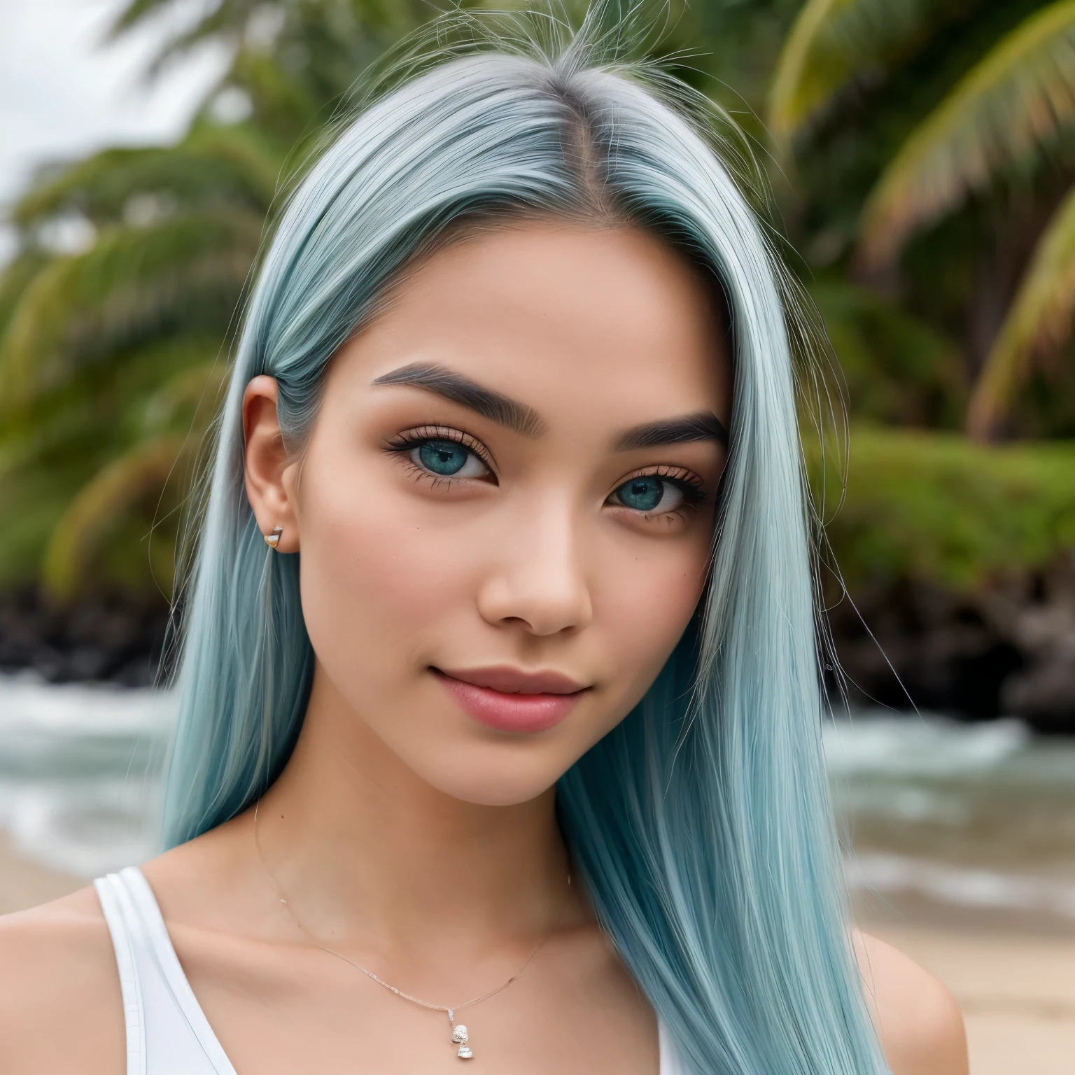 Full body, woman with white skin and Asian features, 24-year-old blue hair (green-eyed woman), green eyes, cobalt hair, blue hair , teal hair , shoulder-length hair, big breast_b, Her eyebrows are well-defined, with a natural arch that complements her eye shape. She has a small, elegant nose with a slight upward curve at the tip. Her lips are full and naturally pink, with a well-defined Cupid's bow. Her teeth are straight and white, enhancing her captivating smile. Her face has an oval shape with high cheekbones that add to her model-like appearance. beach background at day, (with matching tank top and bikini bottom posing on a beach), (crack), detailed (texture!, hair!, shine, color!!, flaws: 1.1), highly detailed glowing eyes, (looking at camera), specular light, dslr, extreme quality, sharp focus, sharp, dof, Film grain, (centered), Fujifilm XT3, crystal clear, center of frame, cute face, sharp focus, sun light, bokeh, low key, day, detailed skin pores, oil Dark skin, brown, complex eye details, she is far from the camera, A full-body portrait standing outdoors, captured from a distance.