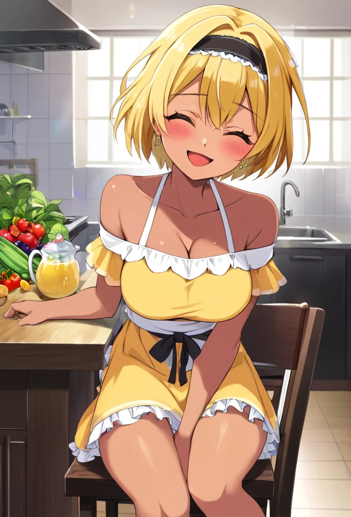 (anime style),masterpiece, best quality, extremely detailed,,tanned skin,dark skin, Beautiful body,glamour breasts,BREAK,multicolored colorful blonde hair,short hair,hair slicked back,BREAK,black eyes,wedding ring,shy smile,open mouth,half closed eye,detailed lips,open legs,BREAK,cotton black big ribbon,BREAK,yellow a sweater with vertical stripes,kitchen apron,off shoulder,navel,break,head tilt,in the kitchen,have a vegetables,put one knee on the desk